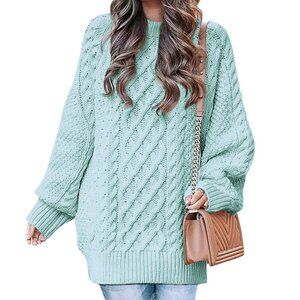 MOSHU Cable Knit Chunky Pullover Sweater Aqua Blue Tunic Crewneck ASIAN XL US 12